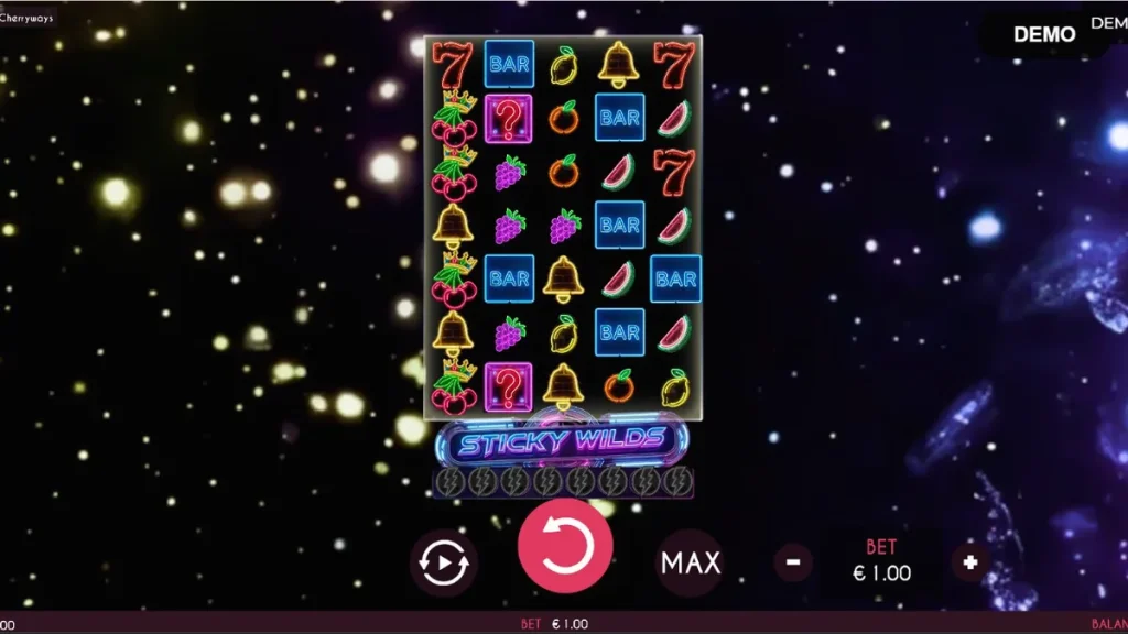 Interface neon do jogo Turbo Fortune Cherryways com símbolos de frutas brilhantes.