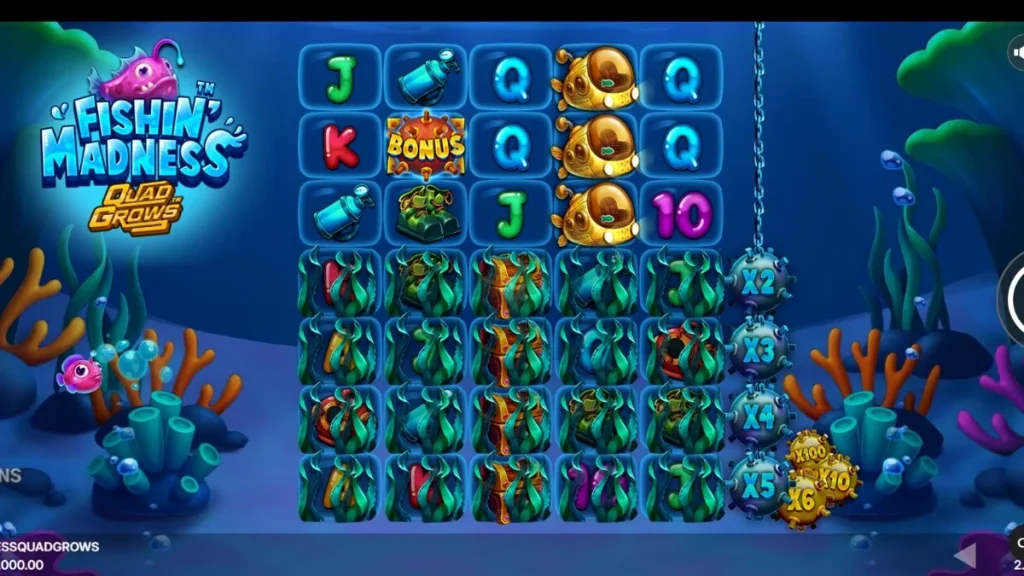Interface do jogo Fishin’ Madness Quadgrows mostrando o grid expansível e elementos subaquáticos.